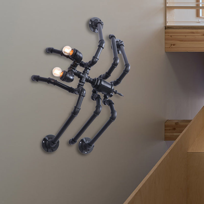 Antique Style Black Spider Wall Lamp: Metallic, Water Pipe Design, 2 Bulbs for Stairway