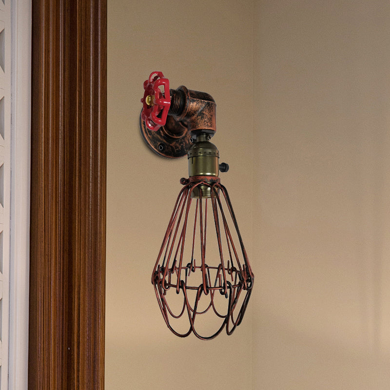 Vintage Metal Wall Lamp with Valve Deco - Conical Cage Sconce Light Fixture