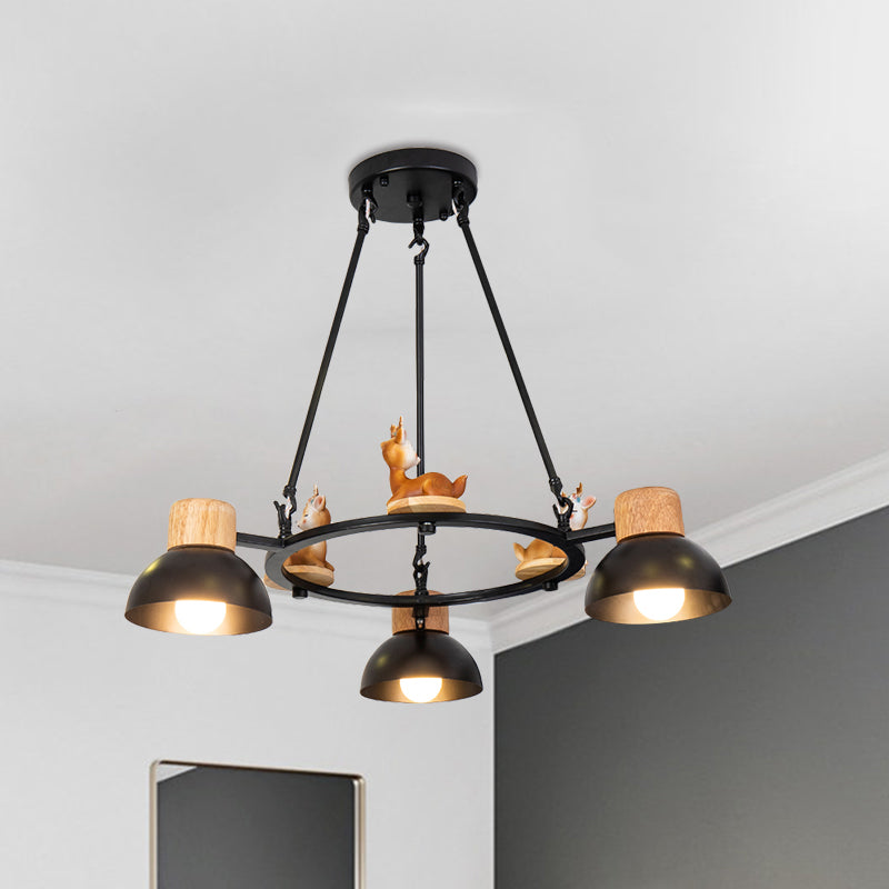 Lustre suspendu en forme de dôme pour enfants : éclairage à suspension en métal à 3/6 lumières avec décor de cerf/cheval en noir/blanc