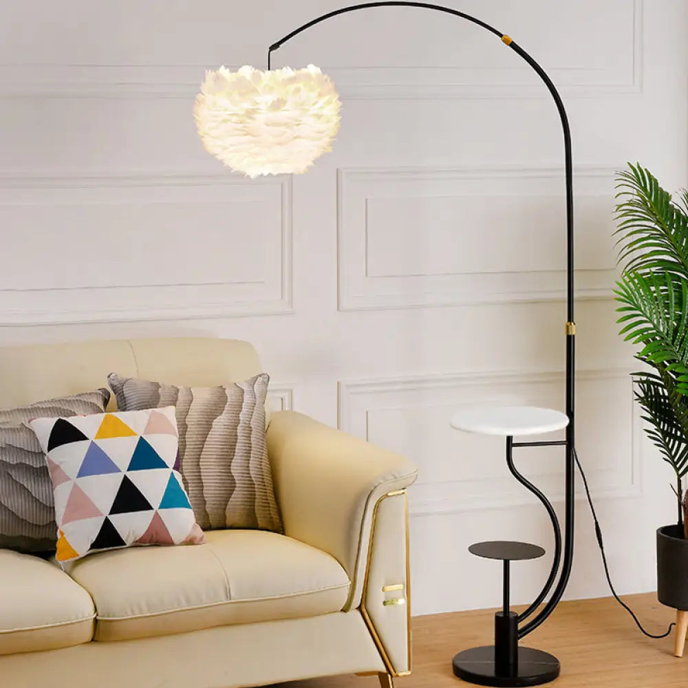 Modern Hemisphere Floor Lamp with Feather Shade and Tray – Stylish Living Room Lighting