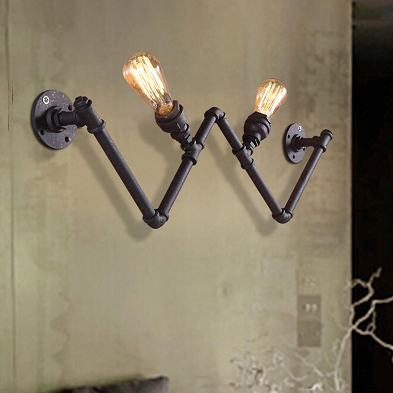 Farmhouse Iron Wall Sconce with Pipe Design - Black, 2-Bulb W-Shaped Wall Lamp Fixture
