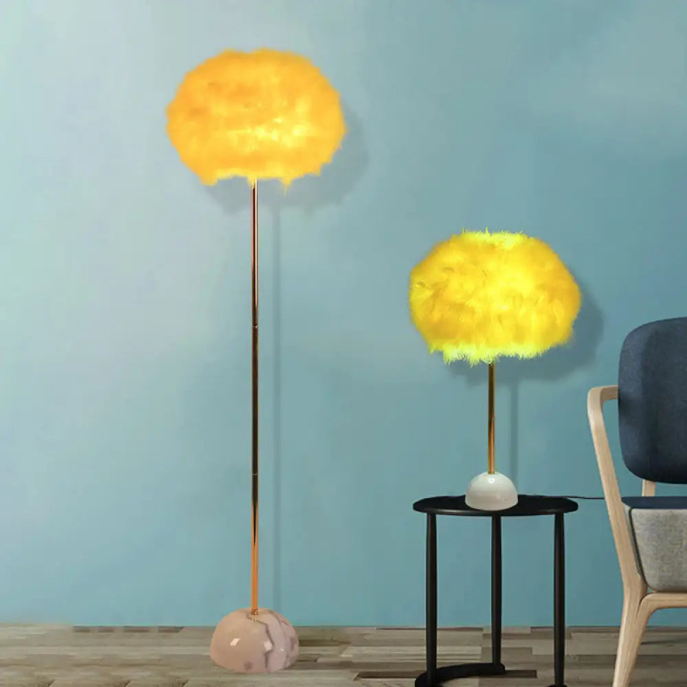 Yellow Hand-Woven Feather Sphere Floor Lamp - Nordic Style, 1 Head Floor Standing Light