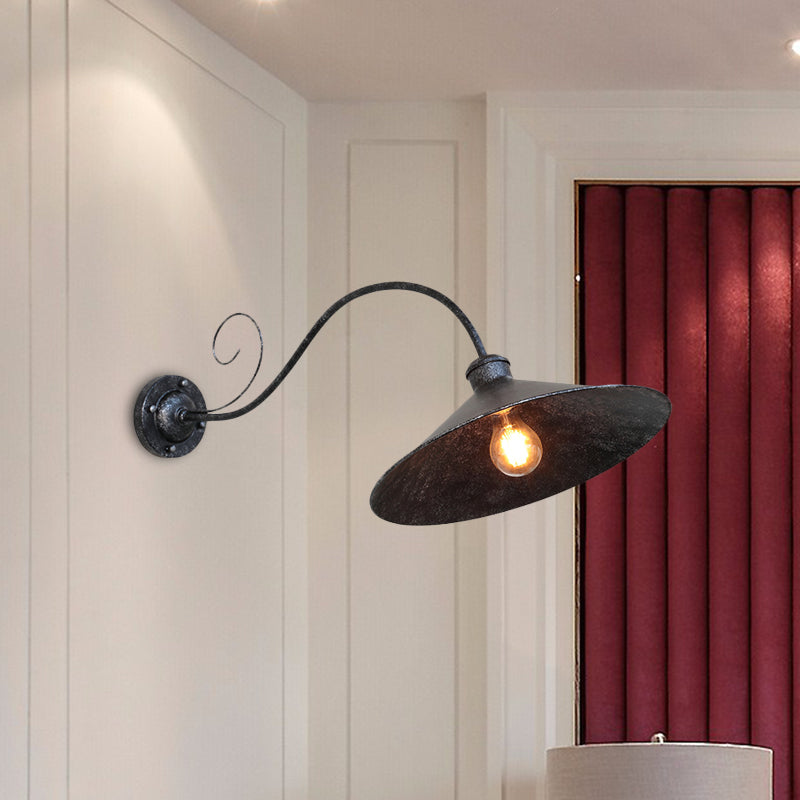 Flared Outdoor Wall Light - Antiqued 1-Light Metal Sconce Lamp with Curved Arm - Black/Black & White