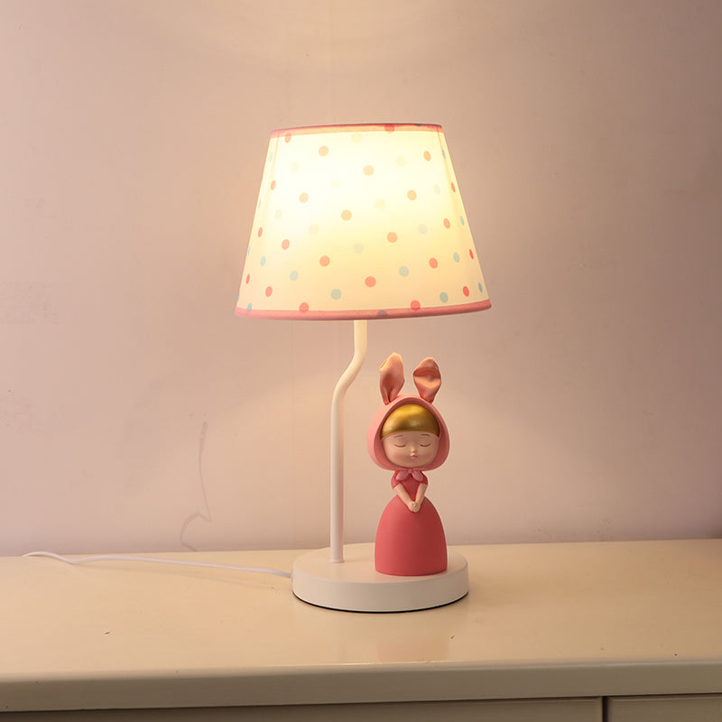Kids' Pink Fabric Drum Table Lamp with Resin Figurine - Tapered Design for Bedroom Nightstand