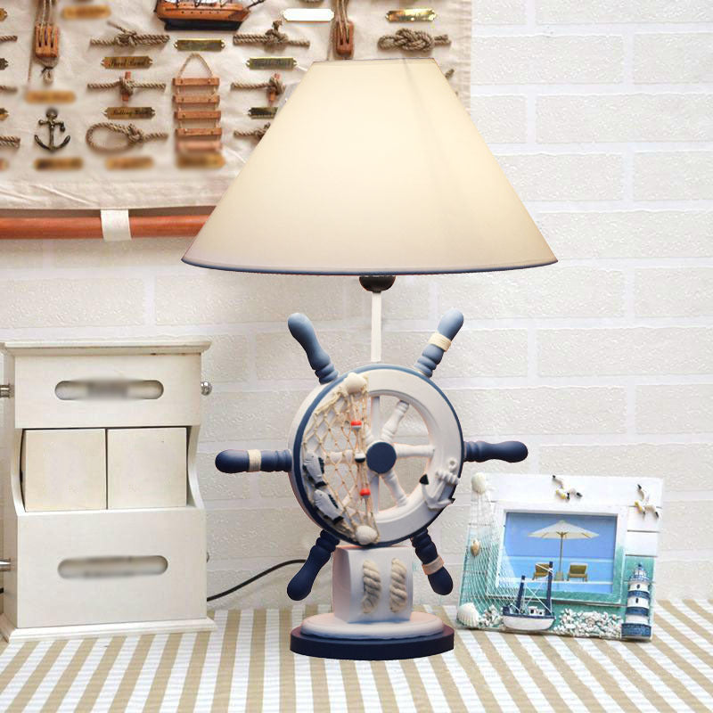 Lampe de table en bois pour enfants – Bouée de sauvetage/gouvernail, lampe de chevet bleue à 5 lumières avec abat-jour conique en tissu