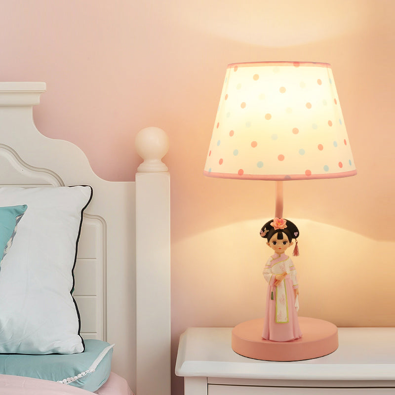 Cartoon 1-Light Fabric Bucket Shade Table Lamp: White Nightstand Lighting with Figurine Decor