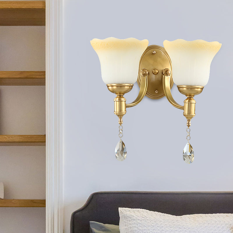 Retro Style 1/2-Head Gold Wall Lamp with Crystal Drop - Blossom Opaque Glass Wall Lighting