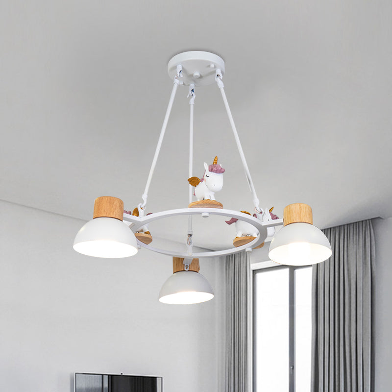 Lustre suspendu en forme de dôme pour enfants : éclairage à suspension en métal à 3/6 lumières avec décor de cerf/cheval en noir/blanc