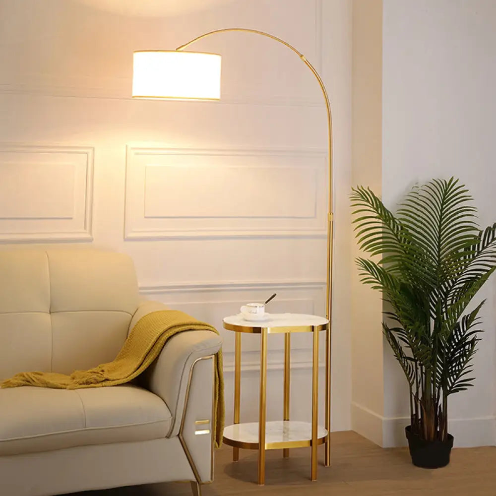 Modern Round Floor Lamp with Shelf - Simple Fabric Shade, Arched Design - Ideal for Living Room Lighting