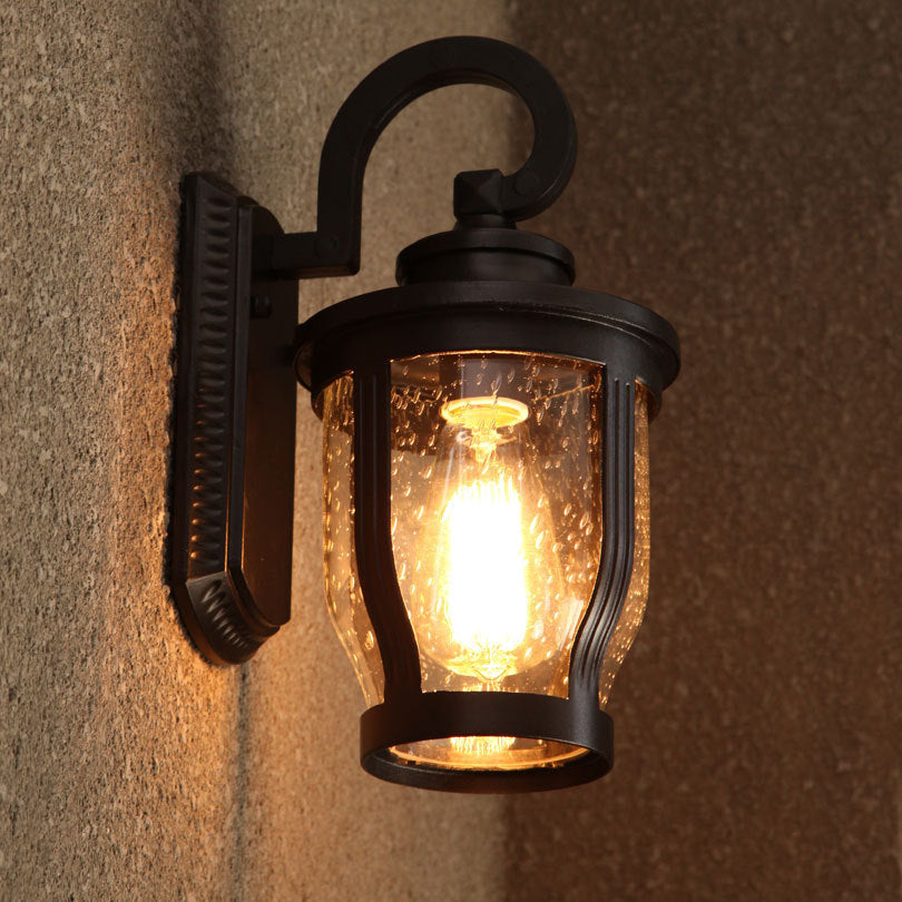 Industrial Outdoor Gooseneck Wall Light - 1 Light Black Sconce with Bubble Glass and Curved Arm