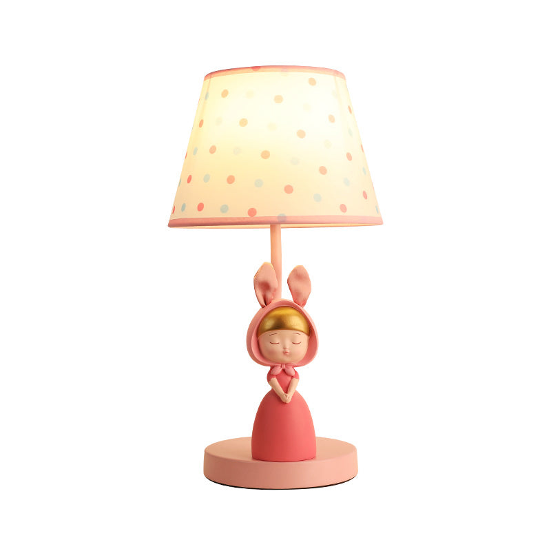 Kids' Pink Fabric Drum Table Lamp with Resin Figurine - Tapered Design for Bedroom Nightstand