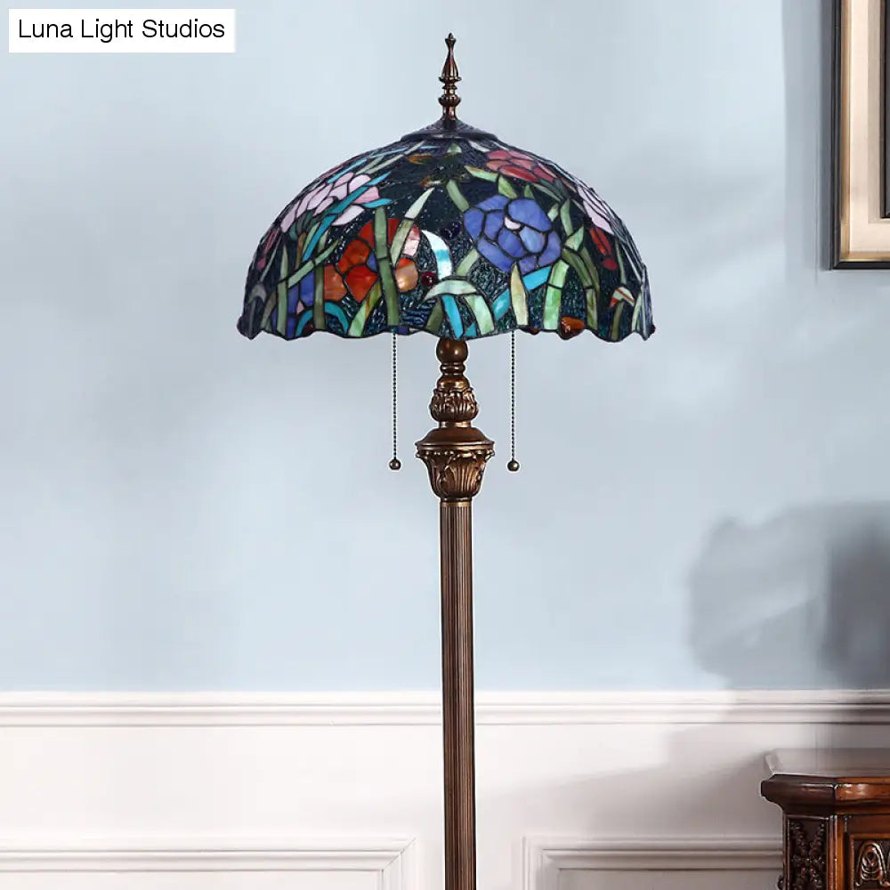 Green Stained Glass Bowl Pull Chain Floor Lamp - 2 Heads Stand, Decorative Flower Light