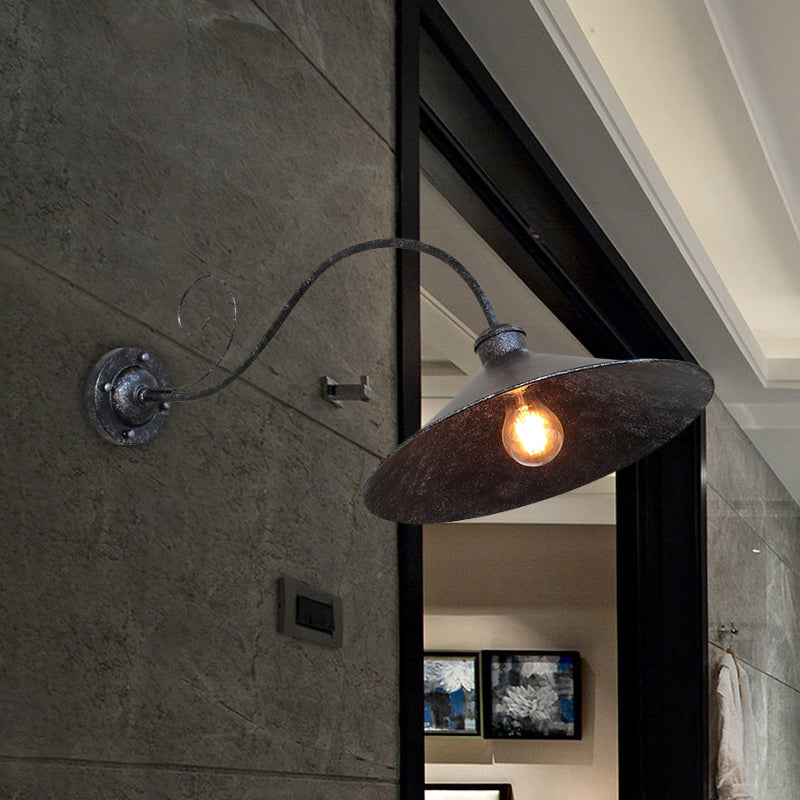 Flared Outdoor Wall Light - Antiqued 1-Light Metal Sconce Lamp with Curved Arm - Black/Black & White