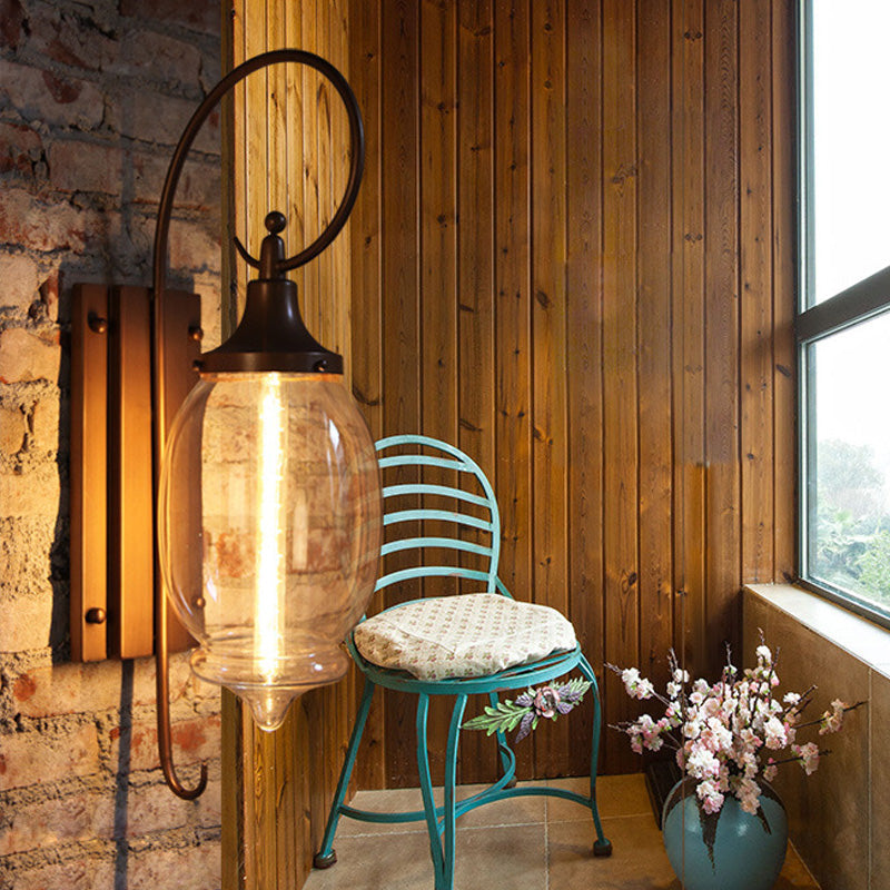 Clear Glass Sconce Light with Black Oval Shade - Industrial Wall Lamp for Living Room