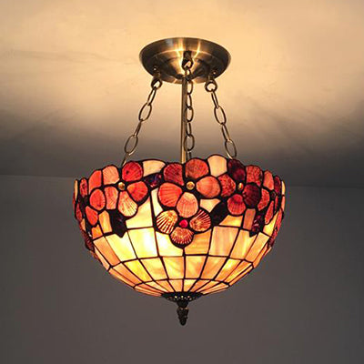 Scalloped Shade Semi Flush Stained Glass Ceiling Light Retro Style, 12