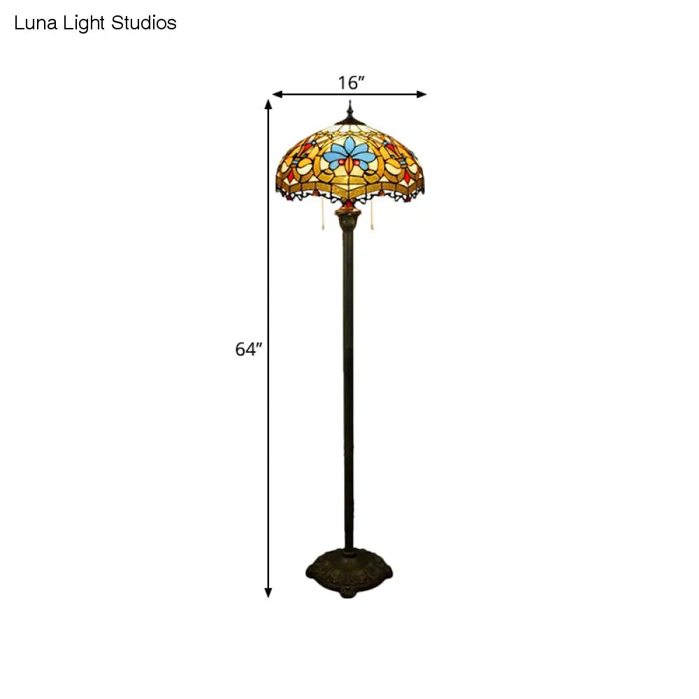 Tiffany Style Stained Glass Floor Lamp with Brass Finish and Pull Chain - Scalloped Dome Design, 2 Lights