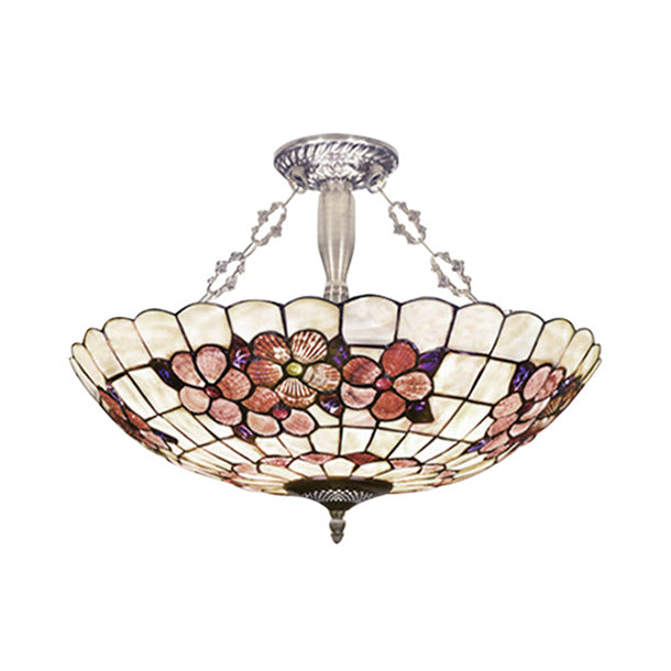 Scalloped Shade Semi Flush Stained Glass Ceiling Light Retro Style, 12