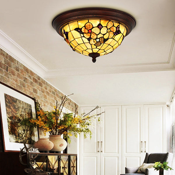 Beige Round Flushmount Lodge Stained Glass Ceiling Light Fixture with Floral/Geometric Elements