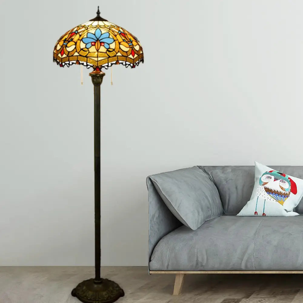Tiffany Style Stained Glass Floor Lamp with Brass Finish and Pull Chain - Scalloped Dome Design, 2 Lights