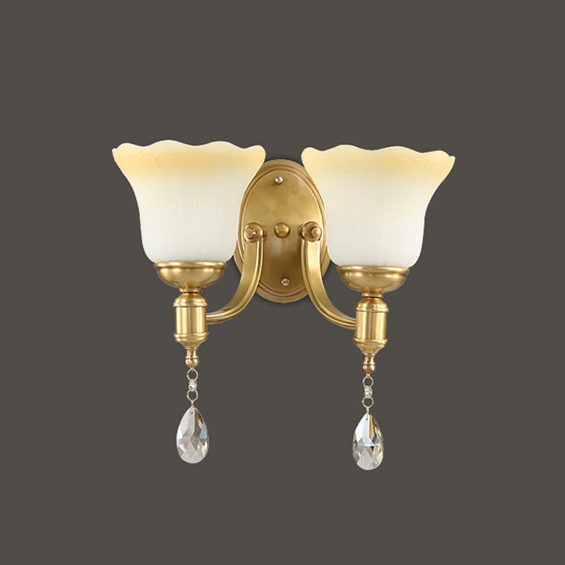 Retro Style 1/2-Head Gold Wall Lamp with Crystal Drop - Blossom Opaque Glass Wall Lighting