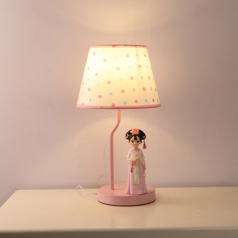Cartoon 1-Light Fabric Bucket Shade Table Lamp: White Nightstand Lighting with Figurine Decor