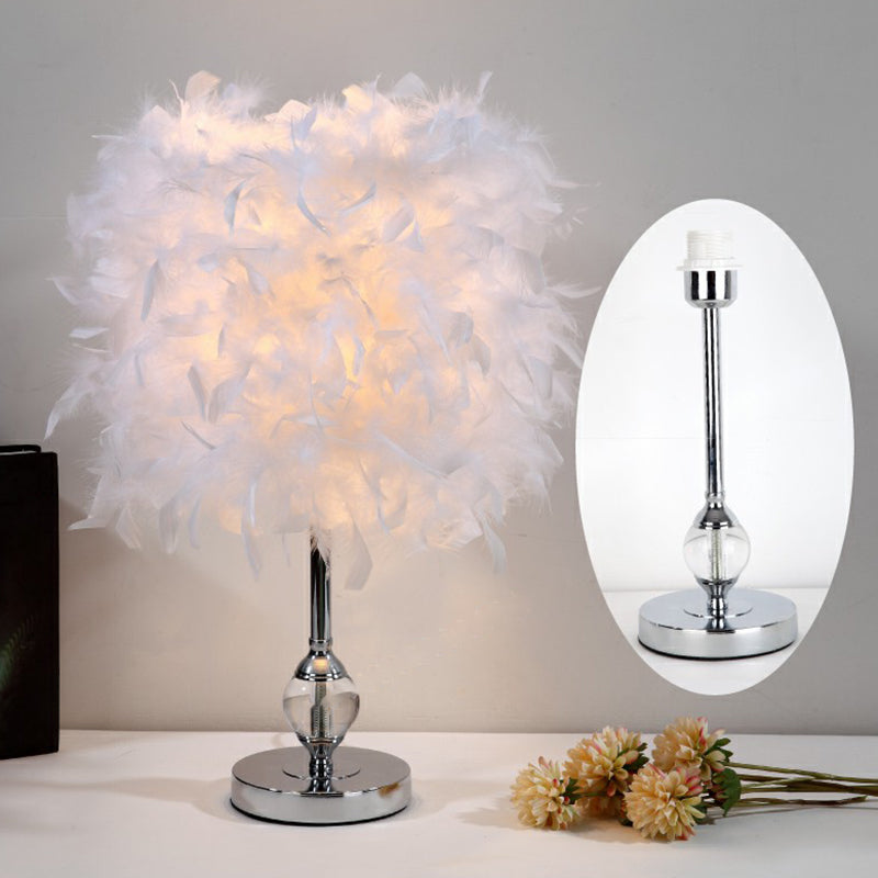 Artistic Feather Cylinder Nightstand Lamp - Nickel Table Lighting for Bedroom