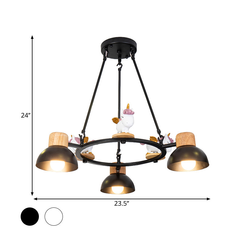 Lustre suspendu en forme de dôme pour enfants : éclairage à suspension en métal à 3/6 lumières avec décor de cerf/cheval en noir/blanc
