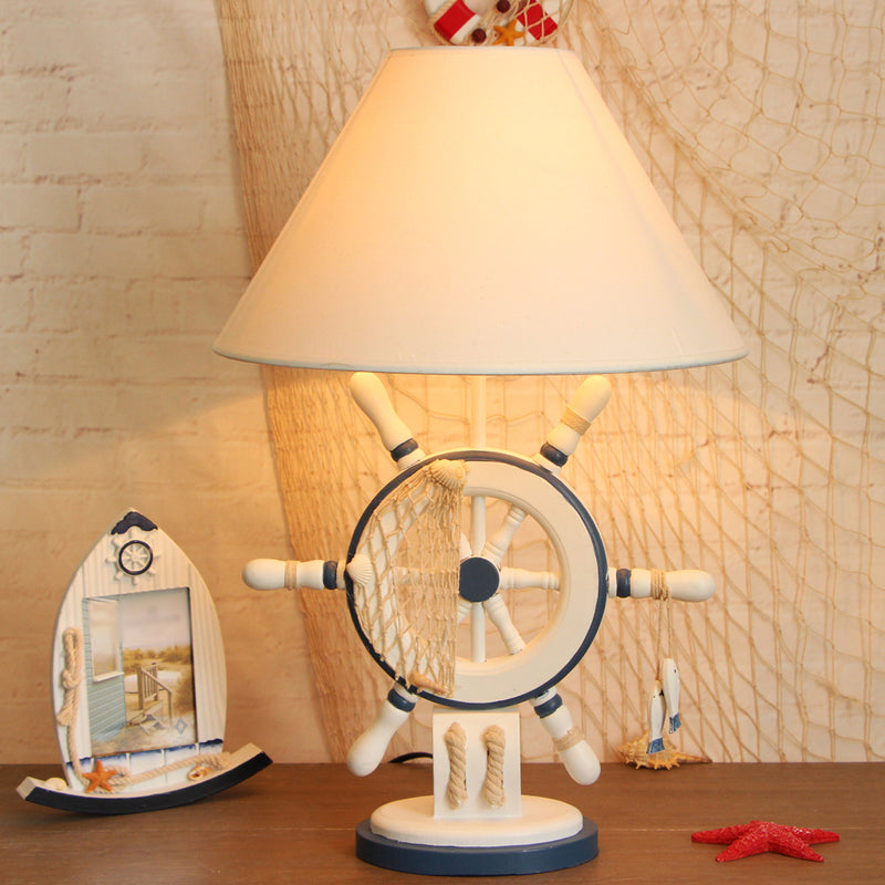 Lampe de table en bois pour enfants – Bouée de sauvetage/gouvernail, lampe de chevet bleue à 5 lumières avec abat-jour conique en tissu