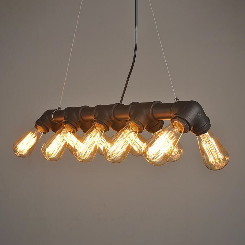 Copper and Black Industrial Kitchen Island Pendant Light with Symmetric Piping and 10 Bulbs