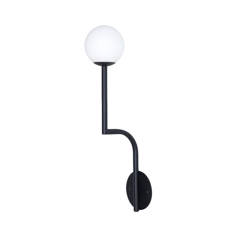 Minimalist Opal Glass Wall Sconce with Long Curved Arm - Single Bulb Lamp in Black/Gold