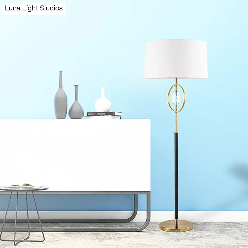 Classic Metal Floor Lamp with Ring Frame Shade, Barrel Fabric Shade, and Crystal Accent
