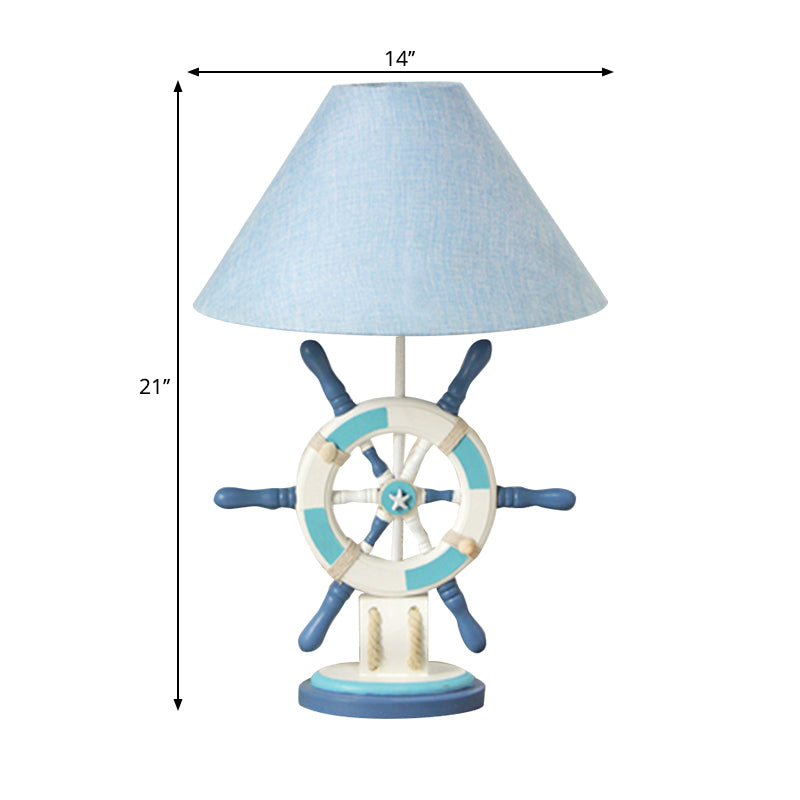 Lampe de table en bois pour enfants – Bouée de sauvetage/gouvernail, lampe de chevet bleue à 5 lumières avec abat-jour conique en tissu