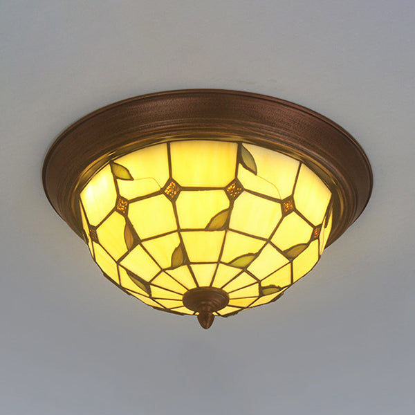 Beige Round Flushmount Lodge Stained Glass Ceiling Light Fixture with Floral/Geometric Elements