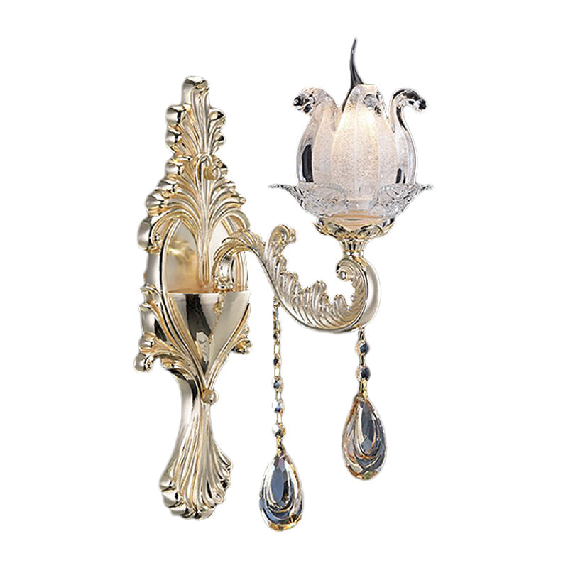 Traditional Gold Semi-Open Flower Frosted Glass Sconce for Living Room Wall.