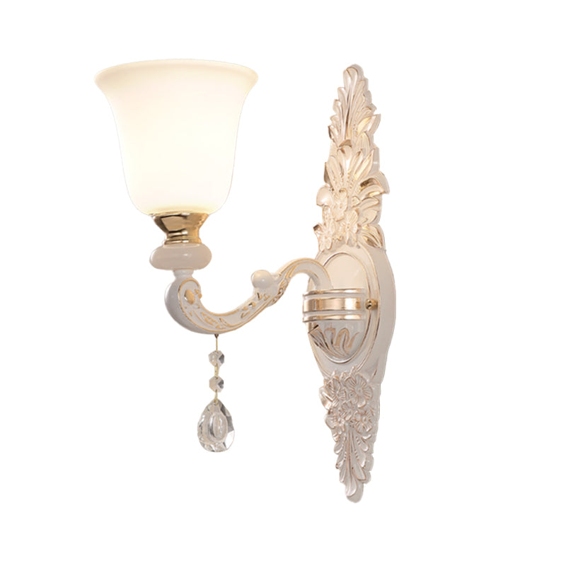 Traditional Indoor Wall Lamp Fixture with Up Bell Shade White Glass - 1 Bulb Wall Lighting