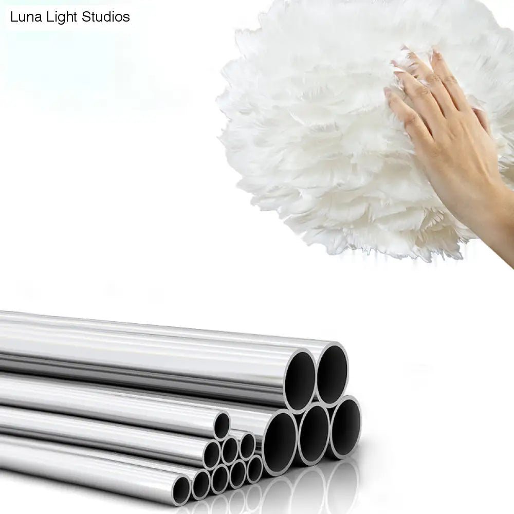 Simple White Feather Floor Lamp with Extendable Fishing Rod Arm