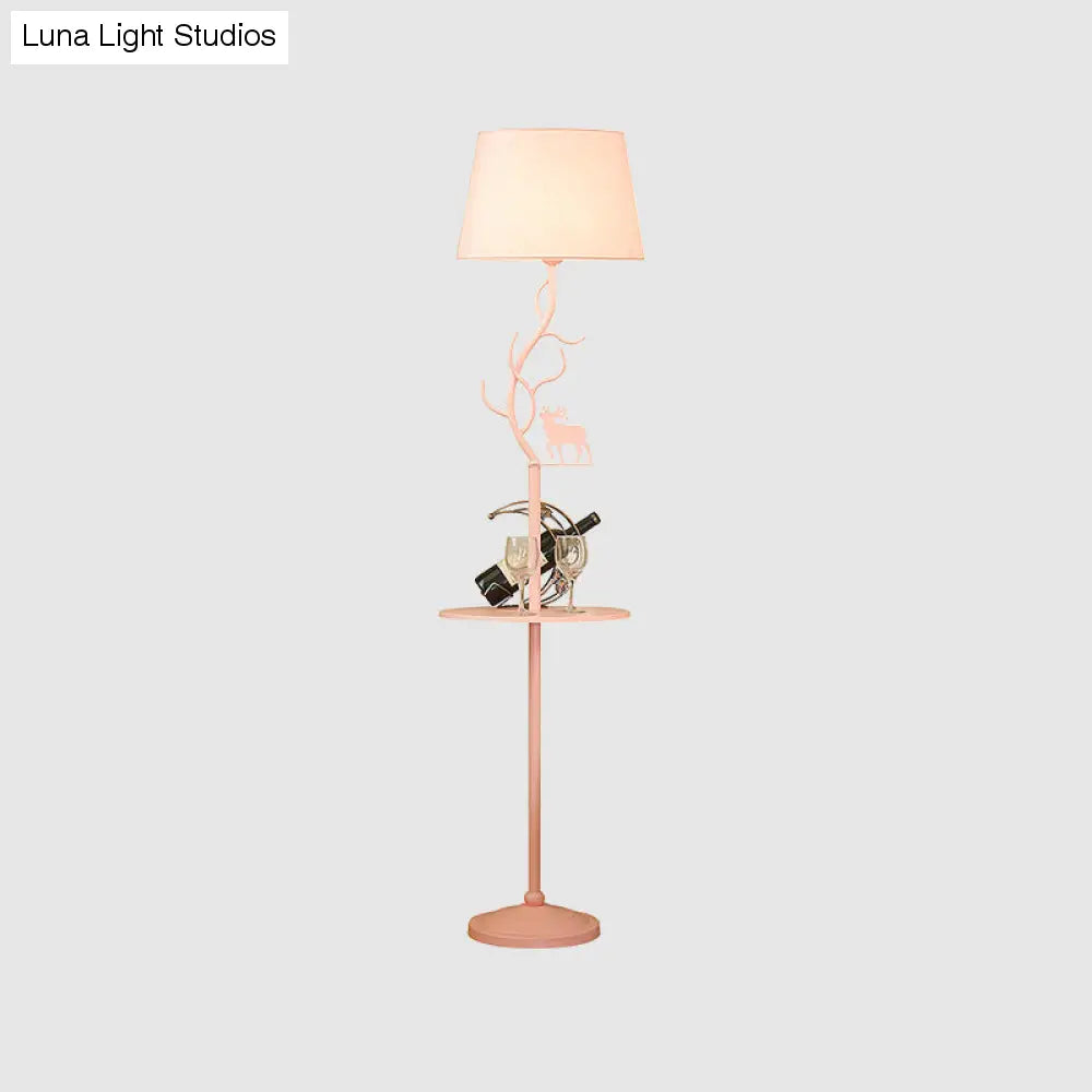 Macaron Pink Deer Floor Lamp with Metallic Cone Design & Shelf - 1-Bulb Standing Light