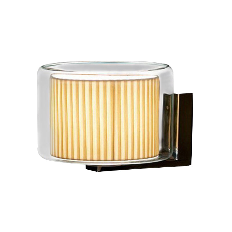 Modern Beige Drum Wall Lamp with Pleated Fabric Shade and Transparent Glass Shade