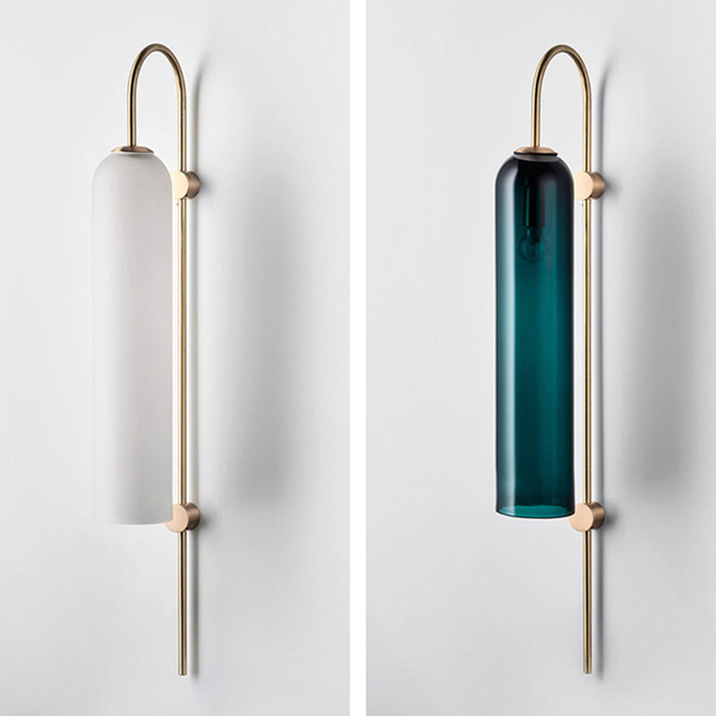 Mid Century Gooseneck Wall Sconce, Brass Finish with Blue Glass Shade