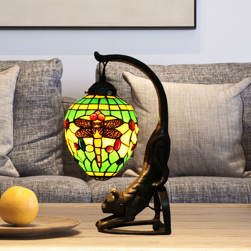 Baroque Style Dragonfly Desk Lamp with 1 Light - Red/Green Cat Table Light for Bedroom