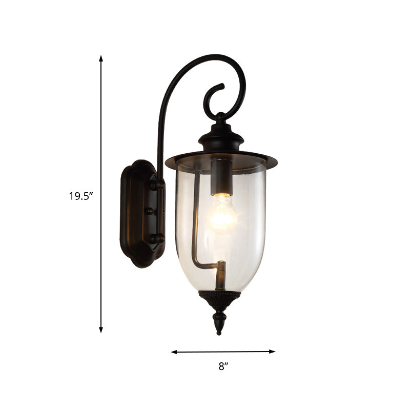 Outdoor Clear Glass Wall Mounted Lamp - Industrial Single Bulb Sconce Light with Curved Arm