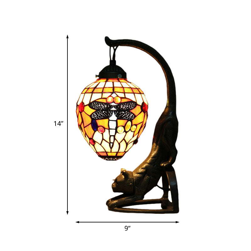 Baroque Style Dragonfly Desk Lamp with 1 Light - Red/Green Cat Table Light for Bedroom
