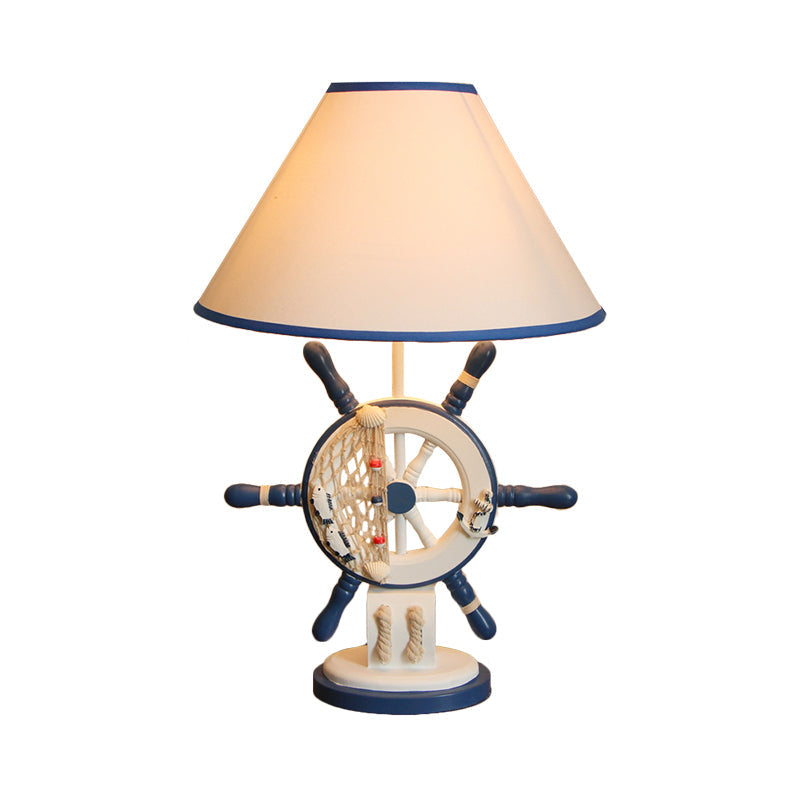 Lampe de table en bois pour enfants – Bouée de sauvetage/gouvernail, lampe de chevet bleue à 5 lumières avec abat-jour conique en tissu