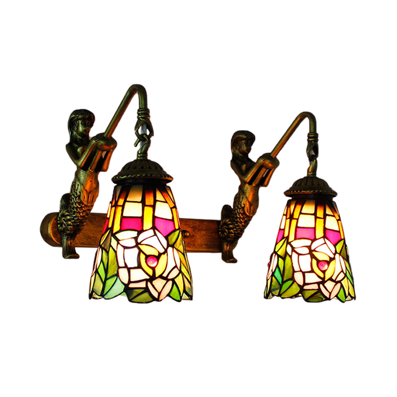 Meerkleurig glas-in-lood Tiffany uitlopende wandmontagelamp - 2-koppige gang met pauwstaart/bloempatroon