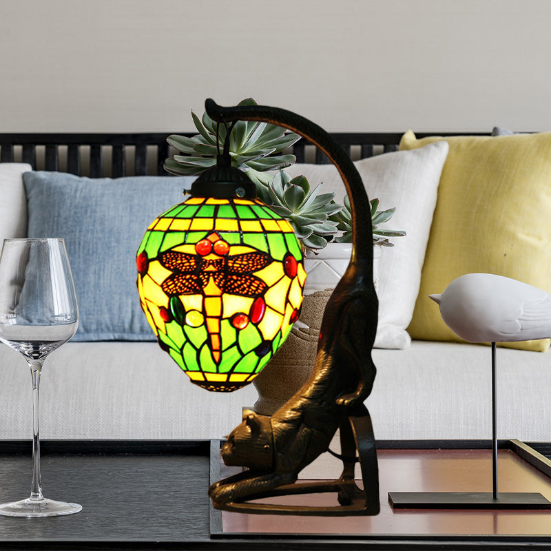 Baroque Style Dragonfly Desk Lamp with 1 Light - Red/Green Cat Table Light for Bedroom