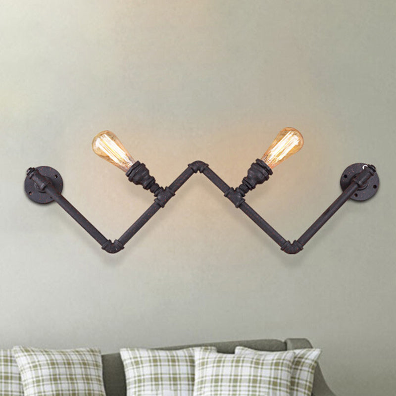 Farmhouse Iron Wall Sconce with Pipe Design - Black, 2-Bulb W-Shaped Wall Lamp Fixture