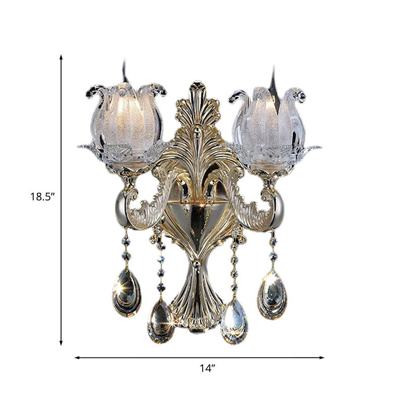 Traditional Gold Semi-Open Flower Frosted Glass Sconce for Living Room Wall.