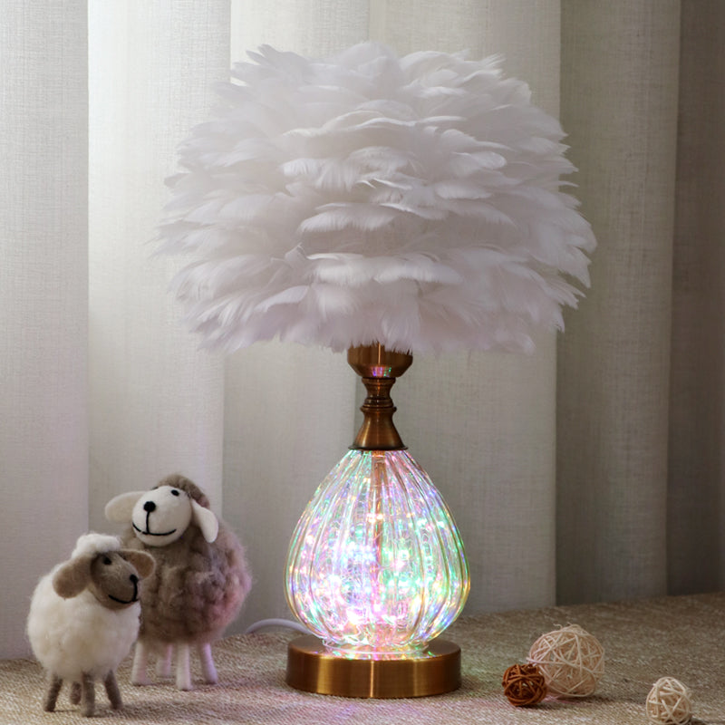 Modernist White Feather Night Table Lamp with Tapered Base - 1 Light Desk Light