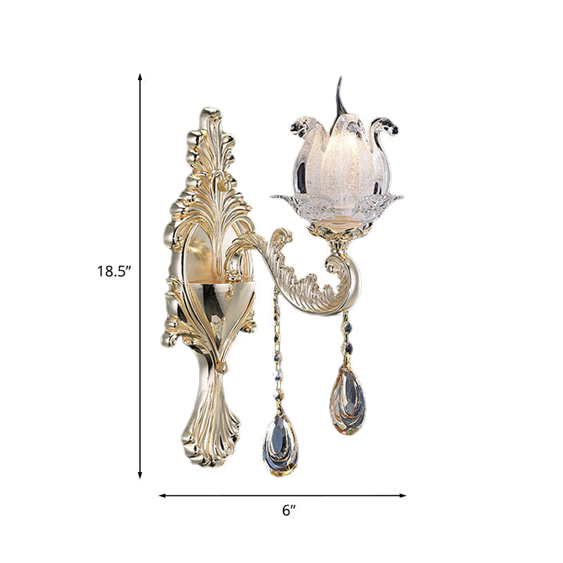 Traditional Gold Semi-Open Flower Frosted Glass Sconce for Living Room Wall.