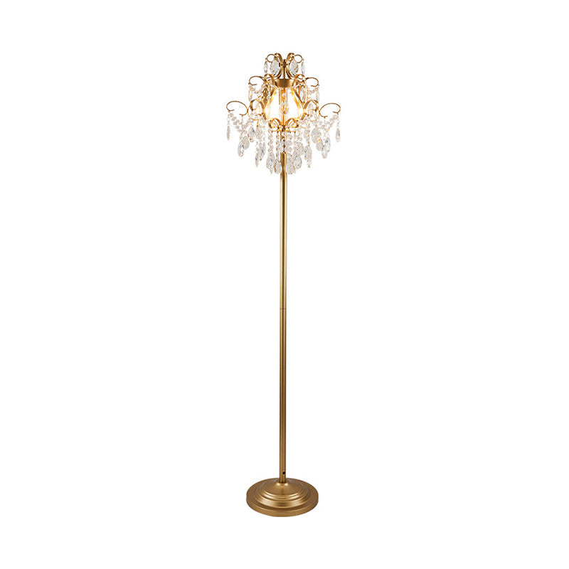 Classic Metal 3-Head Spiral Floor Lamp with Faceted Crystal Droplet and Gold Finish